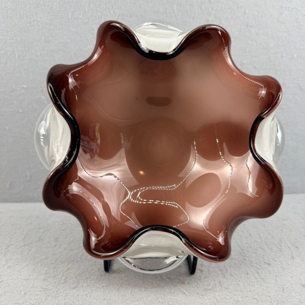 Murano Art Glass Ruffled Bowl Brown White Cased‎ Sommerso MCM Italy 8"